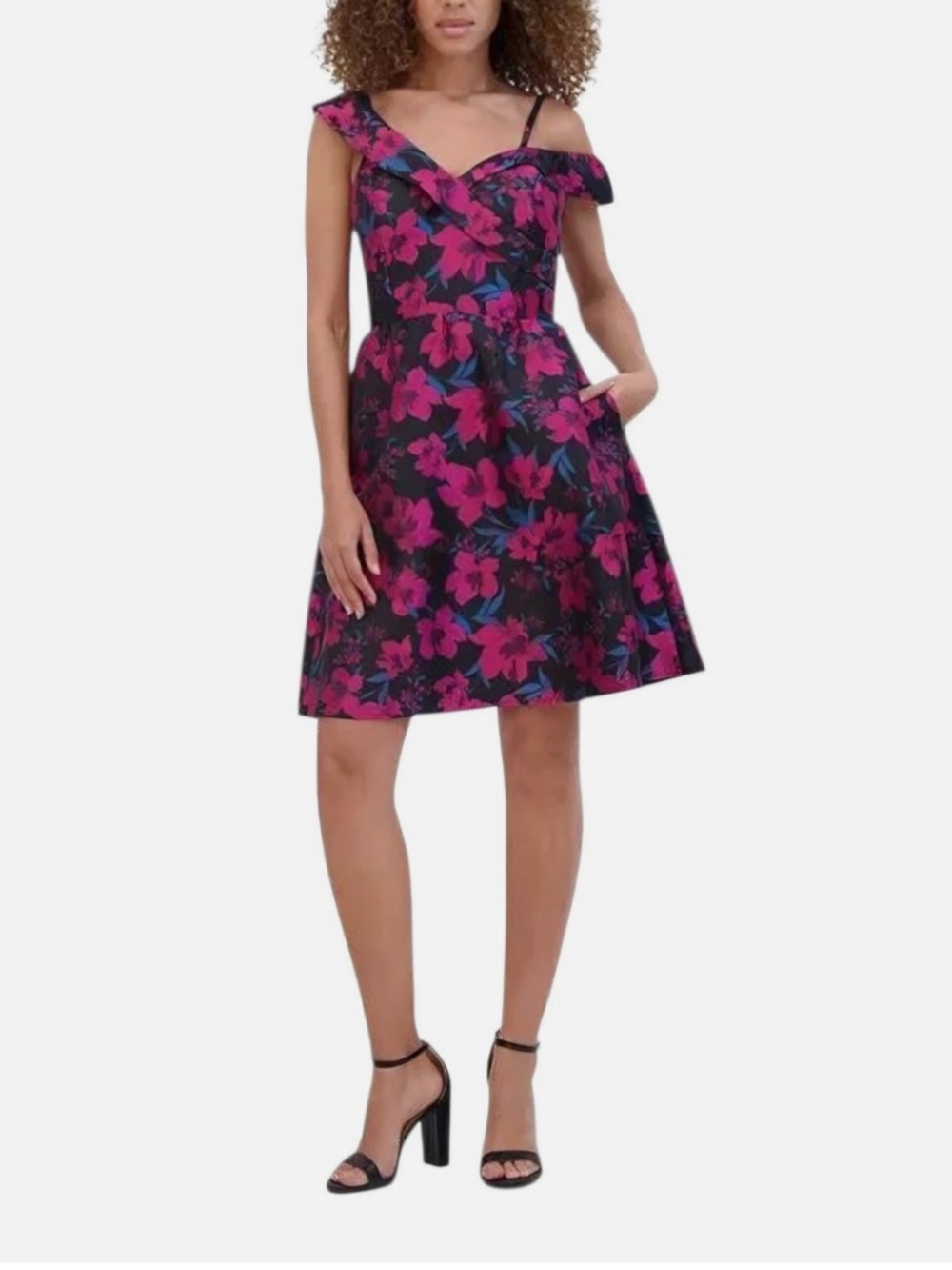 Kensie Black One-Shoulder A-Line Dress with Magenta Floral Jacquard